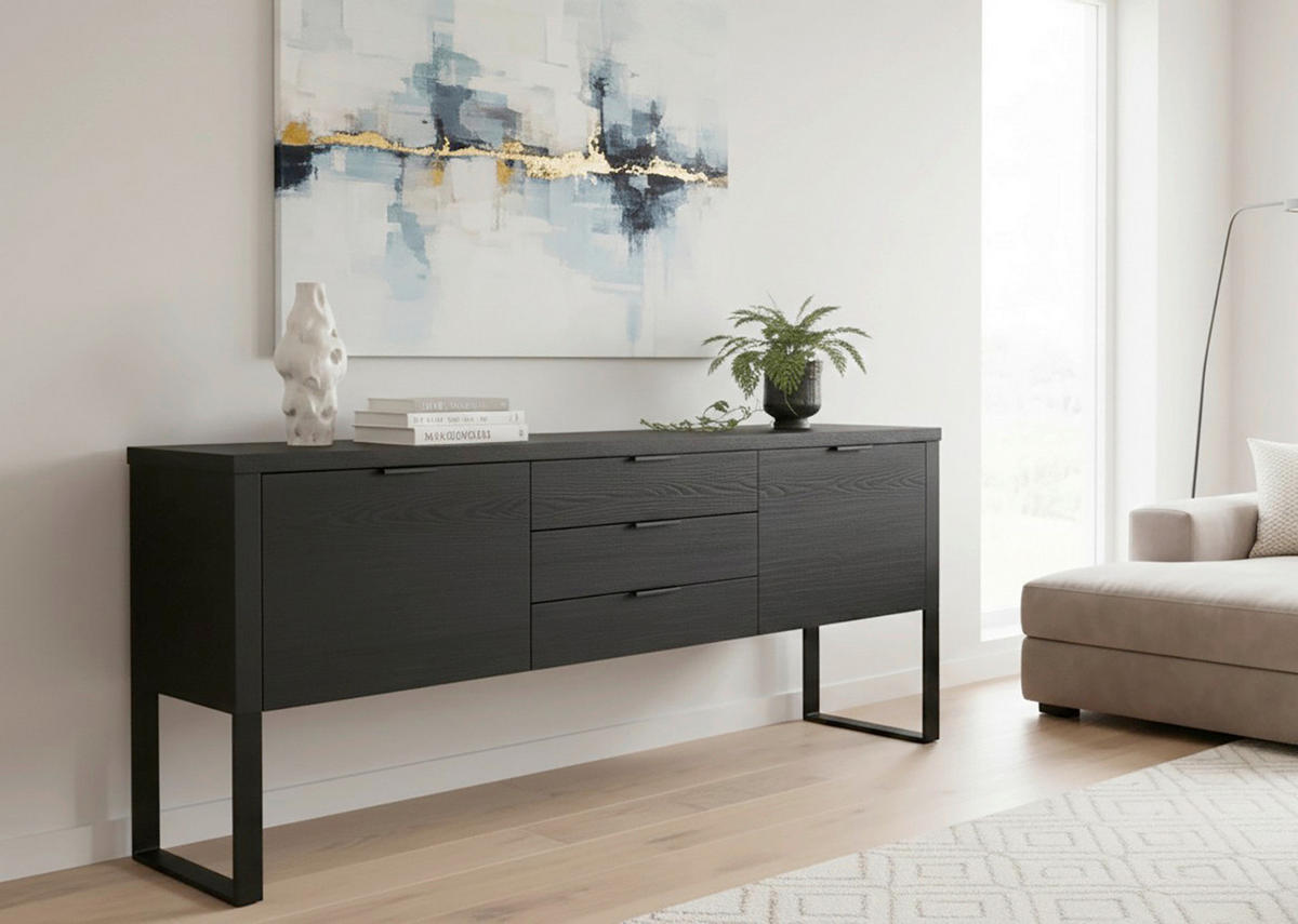 SIDEBOARD  180/76,2/39,5 cm 3 Schublade(n)  - Schwarz, KONVENTIONELL, Holzwerkstoff/Metall (180/76,2/39,5cm) - MID.YOU