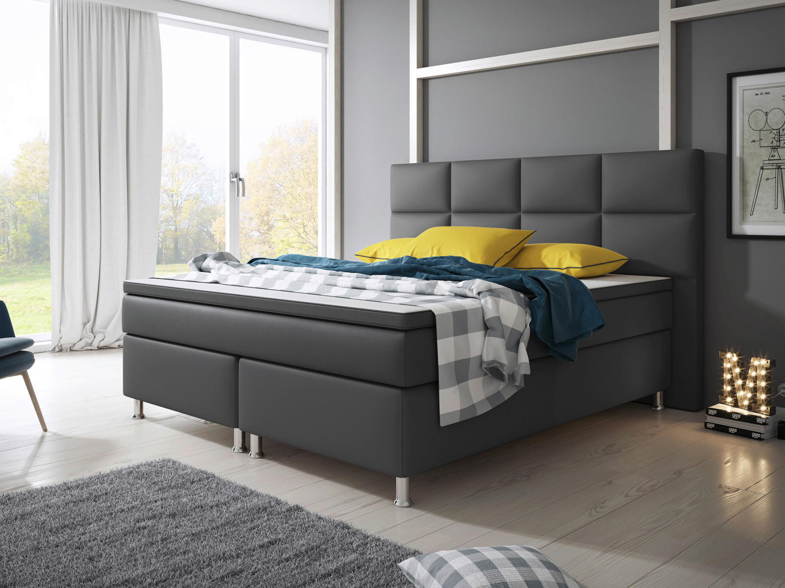 Boxspringbett mit Topper /  in Anthrazit  - Anthrazit/Silberfarben, KONVENTIONELL, Leder/Textil (200/125/210cm) - MID.YOU