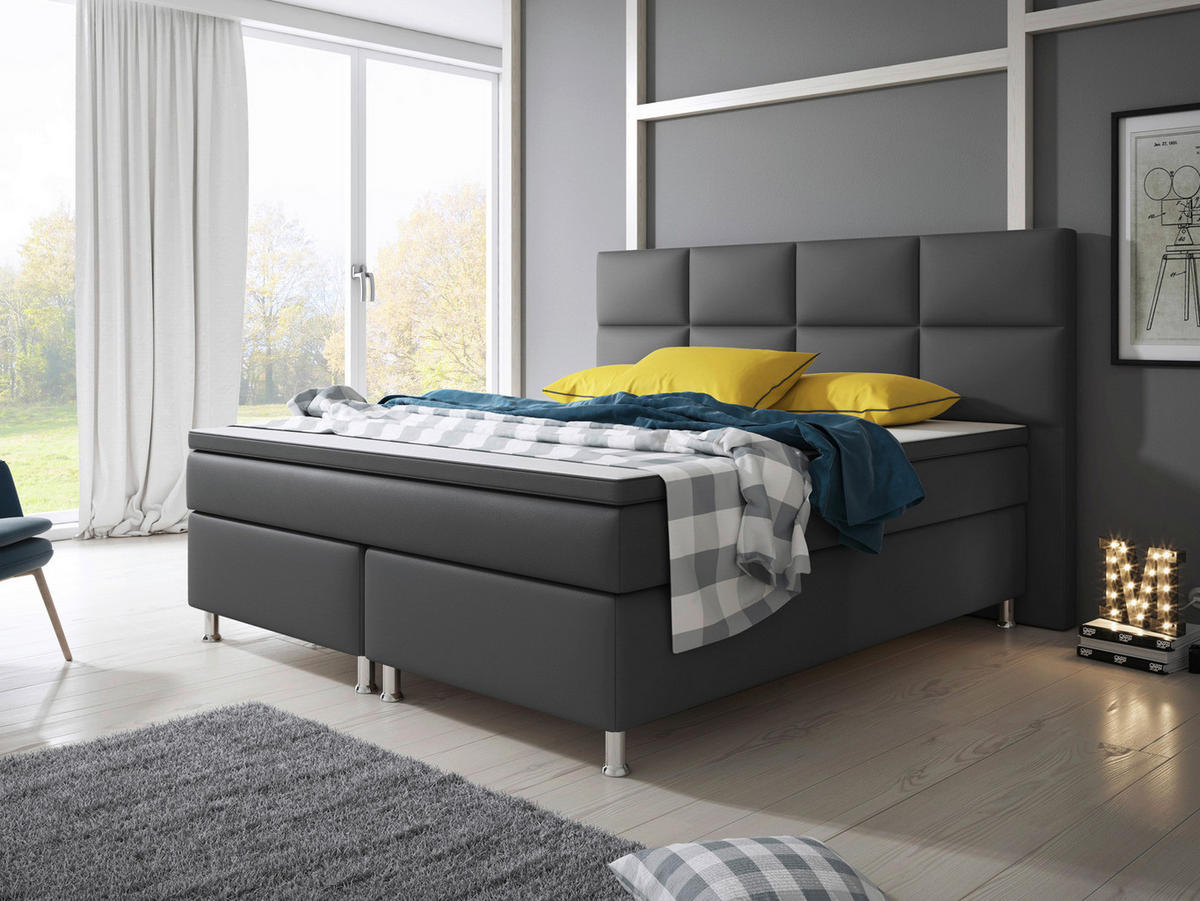 Boxspringbett mit Topper /  in Anthrazit  - Anthrazit/Silberfarben, KONVENTIONELL, Leder/Textil (200/125/210cm) - MID.YOU