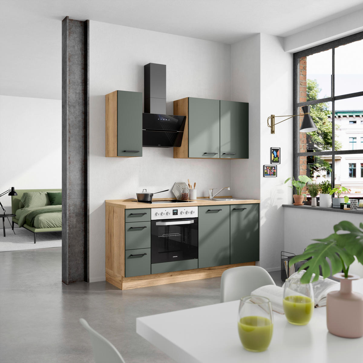 KÜCHENBLOCK Easytouch 180 cm  in Eichefarben, Dunkelgrün  - Dunkelgrün/Eichefarben, MODERN, Holzwerkstoff/Metall (180cm) - Nobilia
