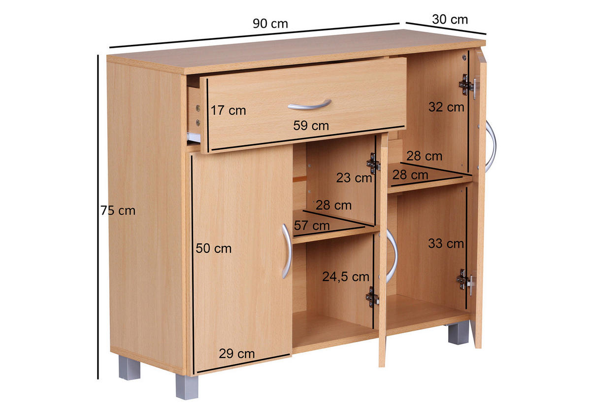 ŠIROKÁ KOMODA, farba buka, 90/75/30 cm - farba buka/sivá, Konventionell, kompozitné drevo (90/75/30cm) - MID.YOU