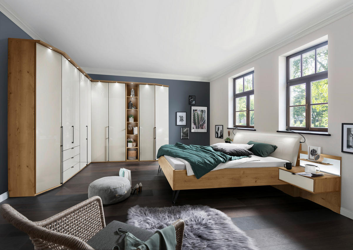 BETTANLAGE - Eiche Bianco/Champagner, KONVENTIONELL, Glas/Textil (180/200cm) - Dieter Knoll