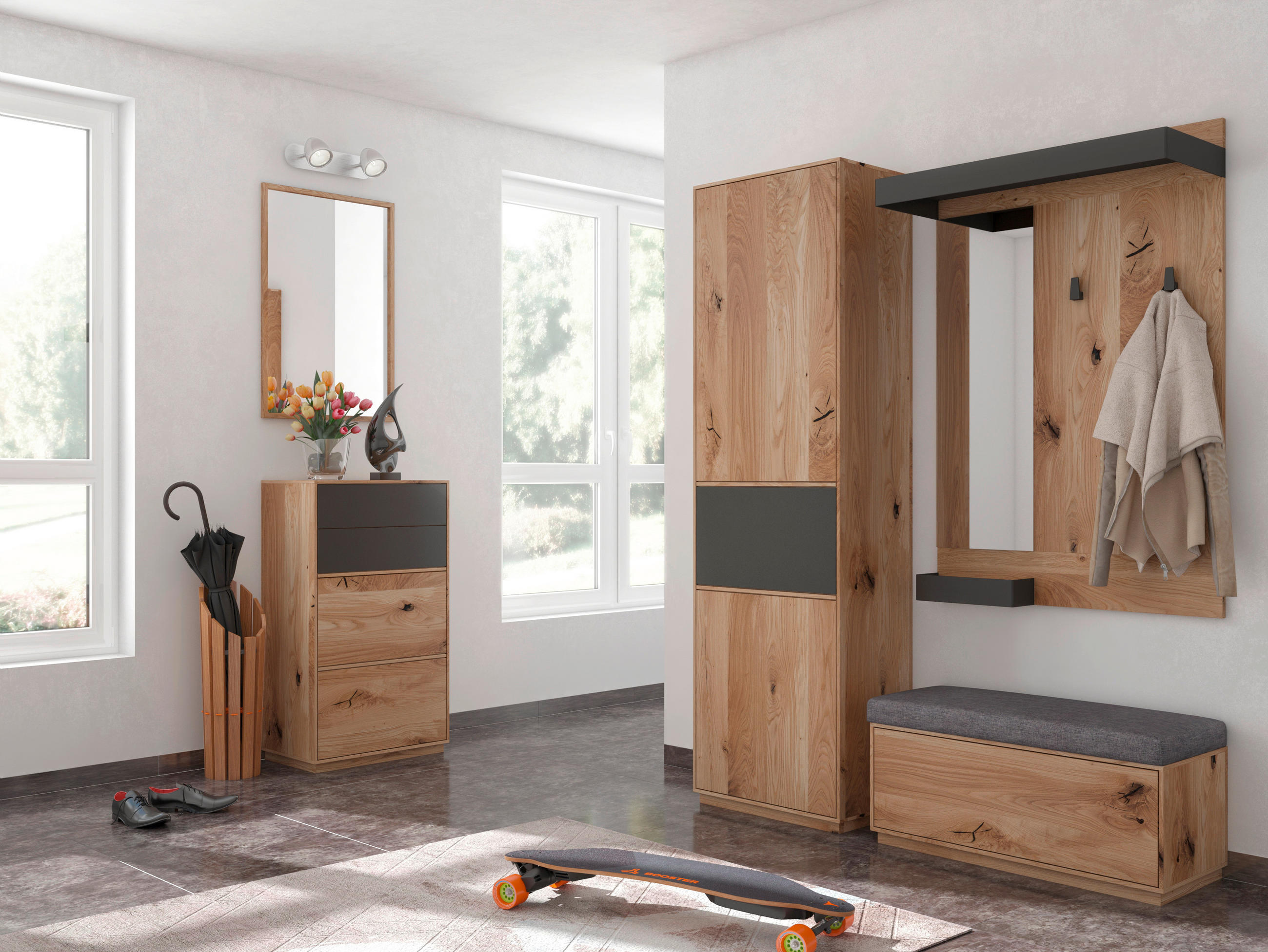 Thumbnail - Waldwelt Garderobenschrank, Anthrazit, Eiche, Holz, Eiche, massiv, 1 Fächer, 60x205x38 cm, Beimöbel erhältlich, grifflos...