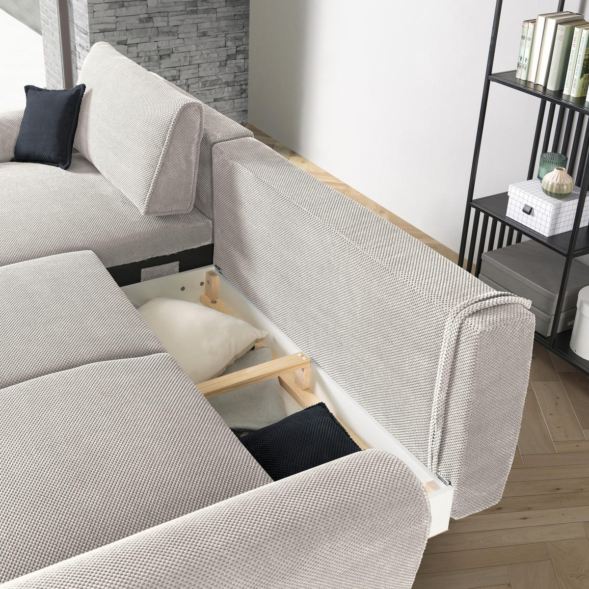 ECKSOFA in Webstoff Creme  - Creme/Schwarz, Design, Textil/Metall (170/272cm) - Welnova