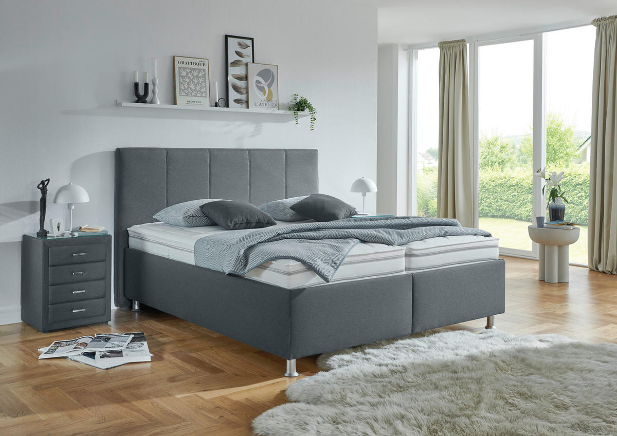 POLSTERBETT 160/200 cm,  in Dunkelgrau, Matratze, gepolstertes Kopfteil, Lattenrost, Bettkasten, H2 + H3 = mittel + fest  - Dunkelgrau/Alufarben, KONVENTIONELL, Holz/Holzwerkstoff (160/200cm) - Beldomo - Sleep