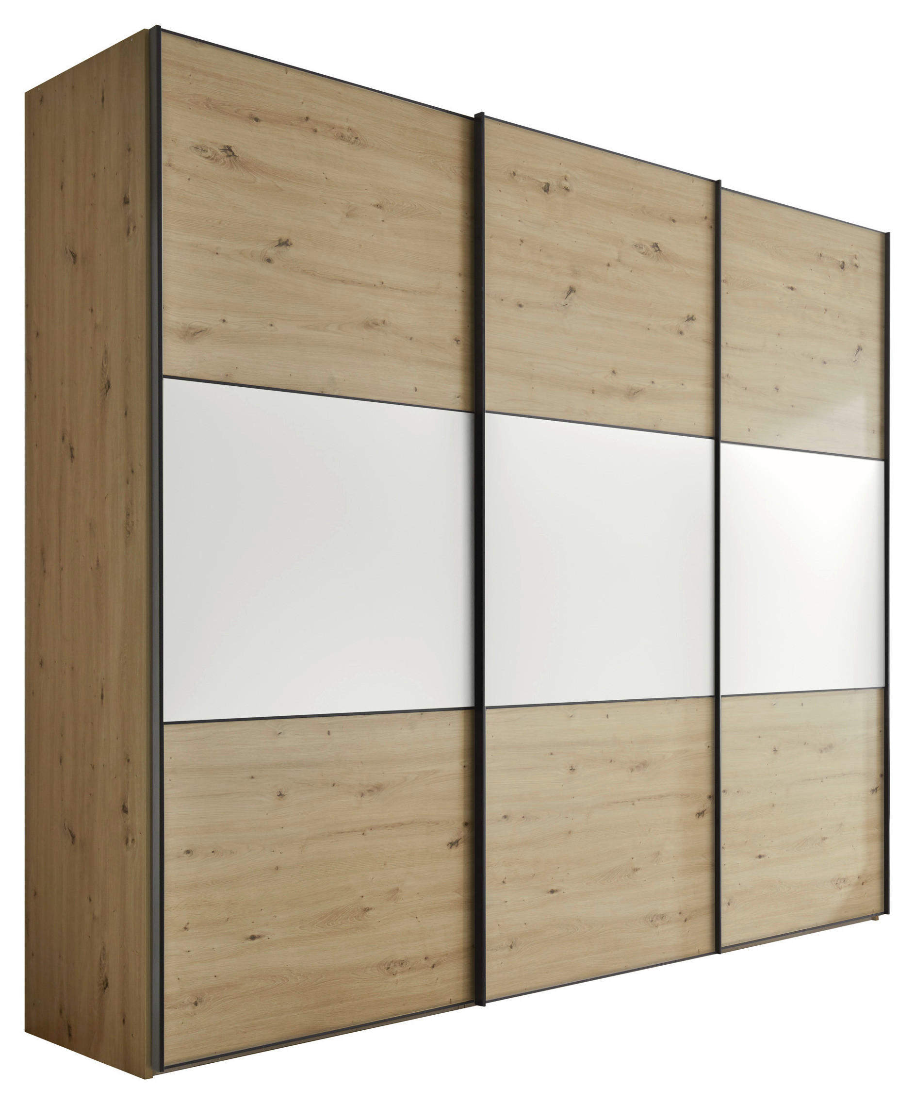 Moderano Schwebetürenschrank Weiß, Eiche Artisan 249x222x68 cm