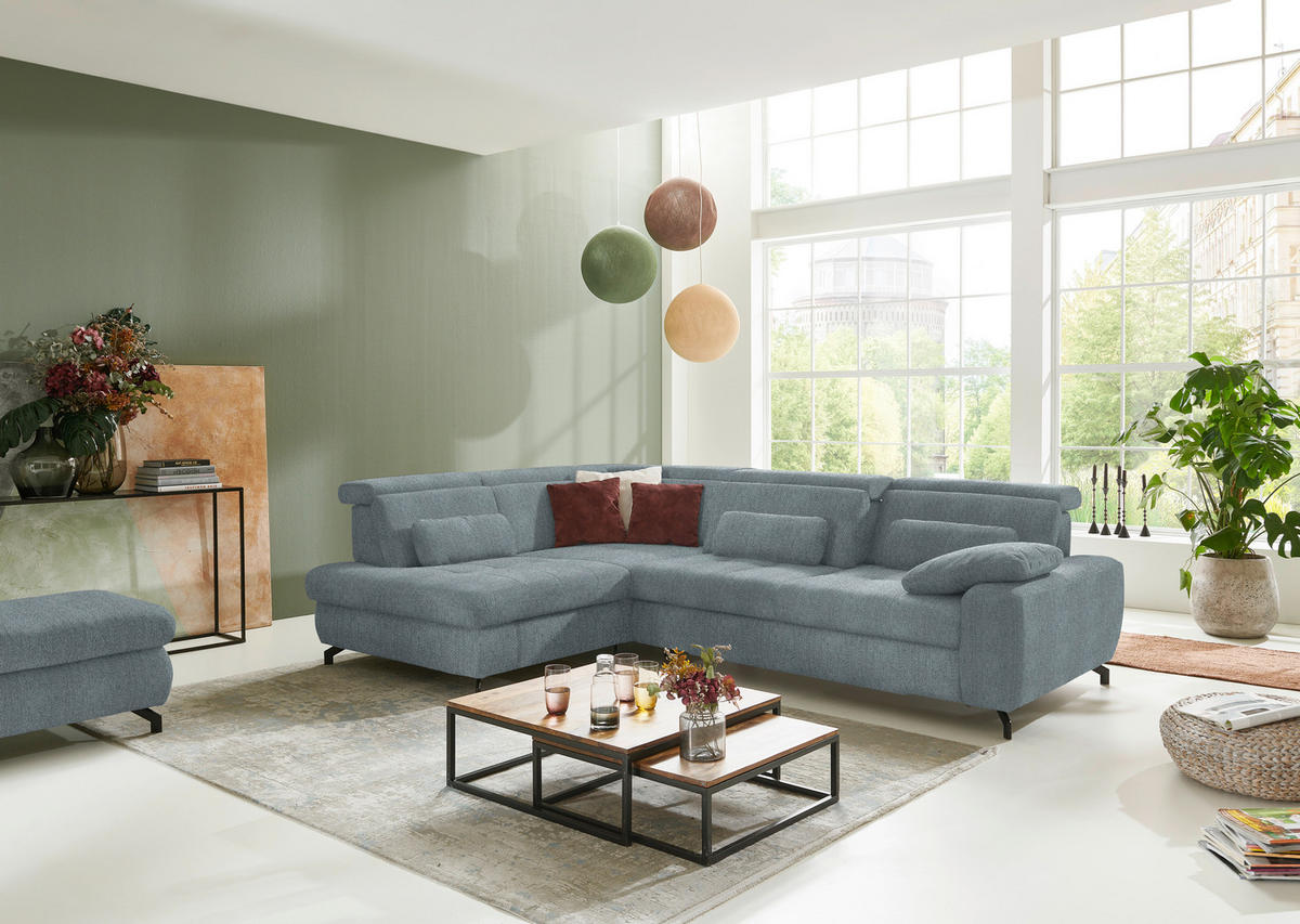 ECKSOFA in Chenille Blaugrau  - Blaugrau/Schwarz, Design, Textil/Metall (220/310cm) - Beldomo Style