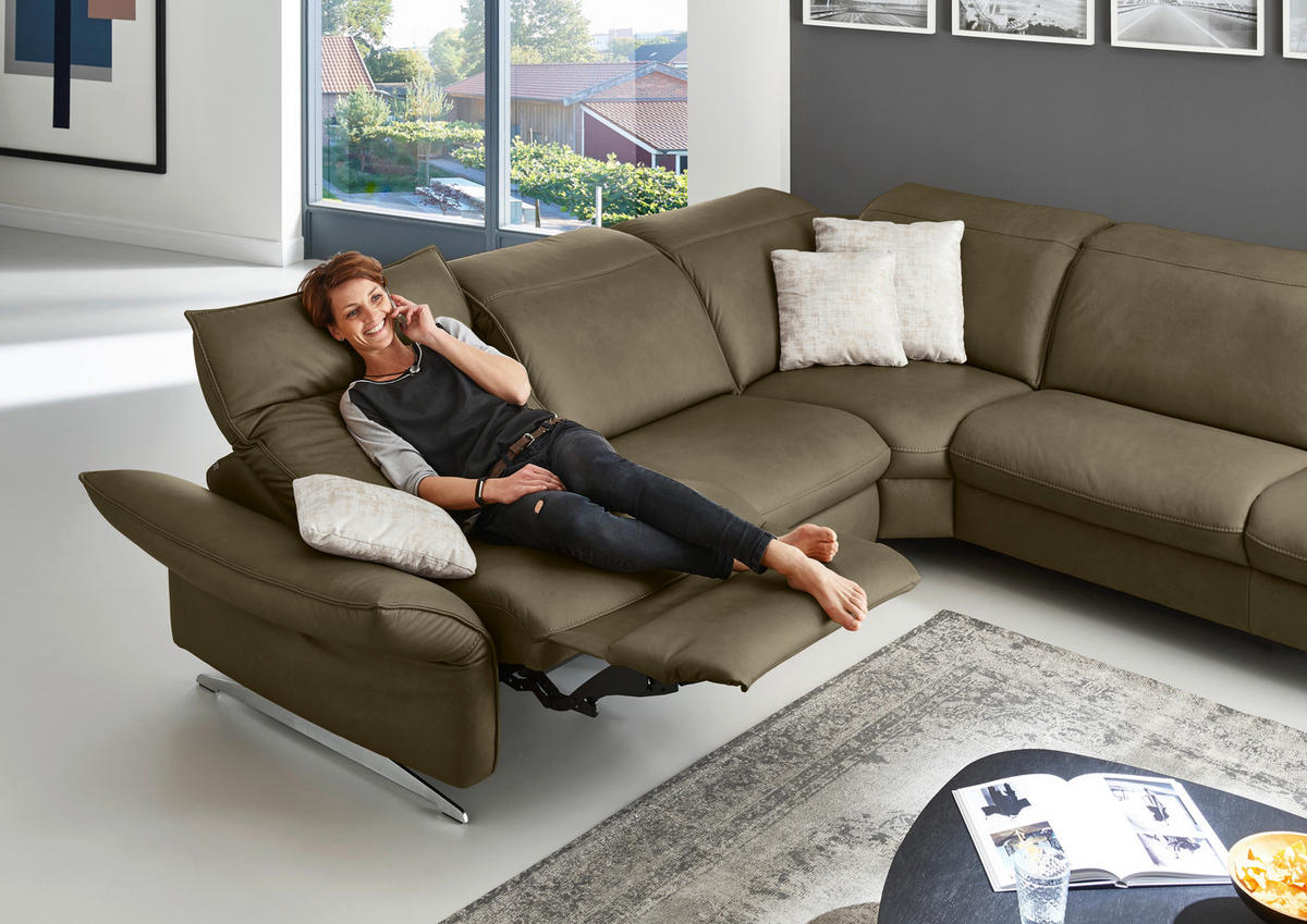 ECKSOFA in Echtleder Mokka  - Edelstahlfarben/Mokka, Design, Leder/Metall (292/258cm) - Hukla