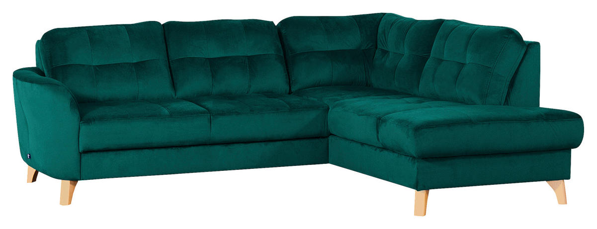 ECKSOFA Petrol Samt  - Buchefarben/Petrol, Design, Holz/Textil (236/190cm) - Livetastic