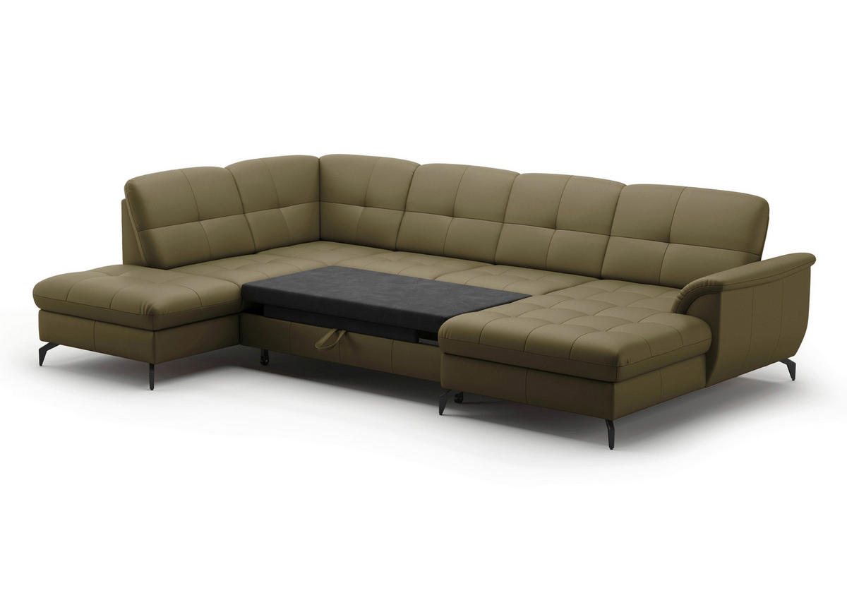 WOHNLANDSCHAFT in Vliesstoff Kombination Echtleder/Stoff Olivgrün  - Schwarz/Olivgrün, Modern, Leder/Textil (212/319/164cm) - Sit & More