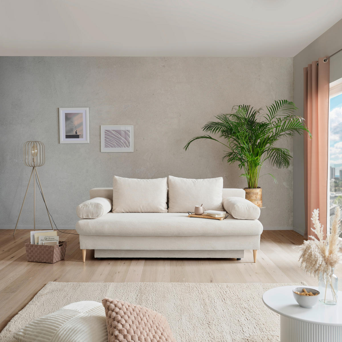 Canapea Extensibilă, lemn, plastic, textil, bej - bej/culoare natur, Modern, plastic/lemn (200/95/95cm) - Carryhome