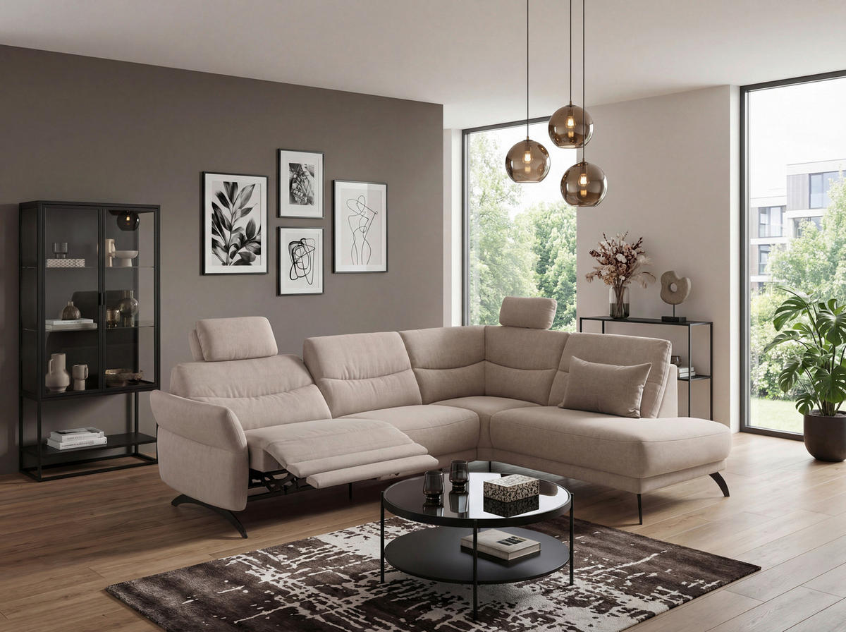 ECKSOFA Sandfarben Webstoff  - Sandfarben/Schwarz, KONVENTIONELL, Textil/Metall (263/201cm) - Pure Home Comfort