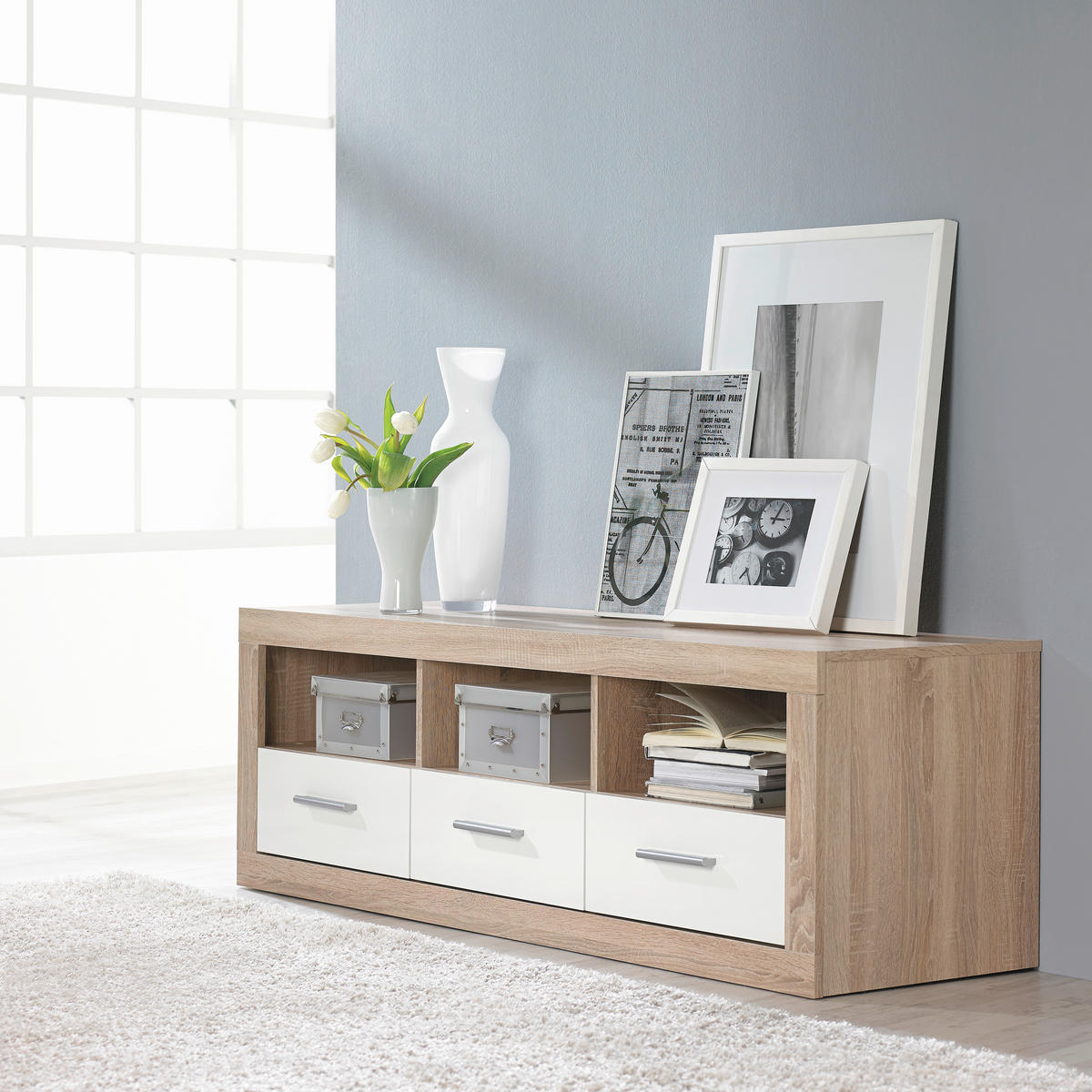 COMODĂ TV 147/49/45 cm  - stejar Sonoma/argintiu, Design, plastic/material pe bază de lemn (147/49/45cm) - Boxxx