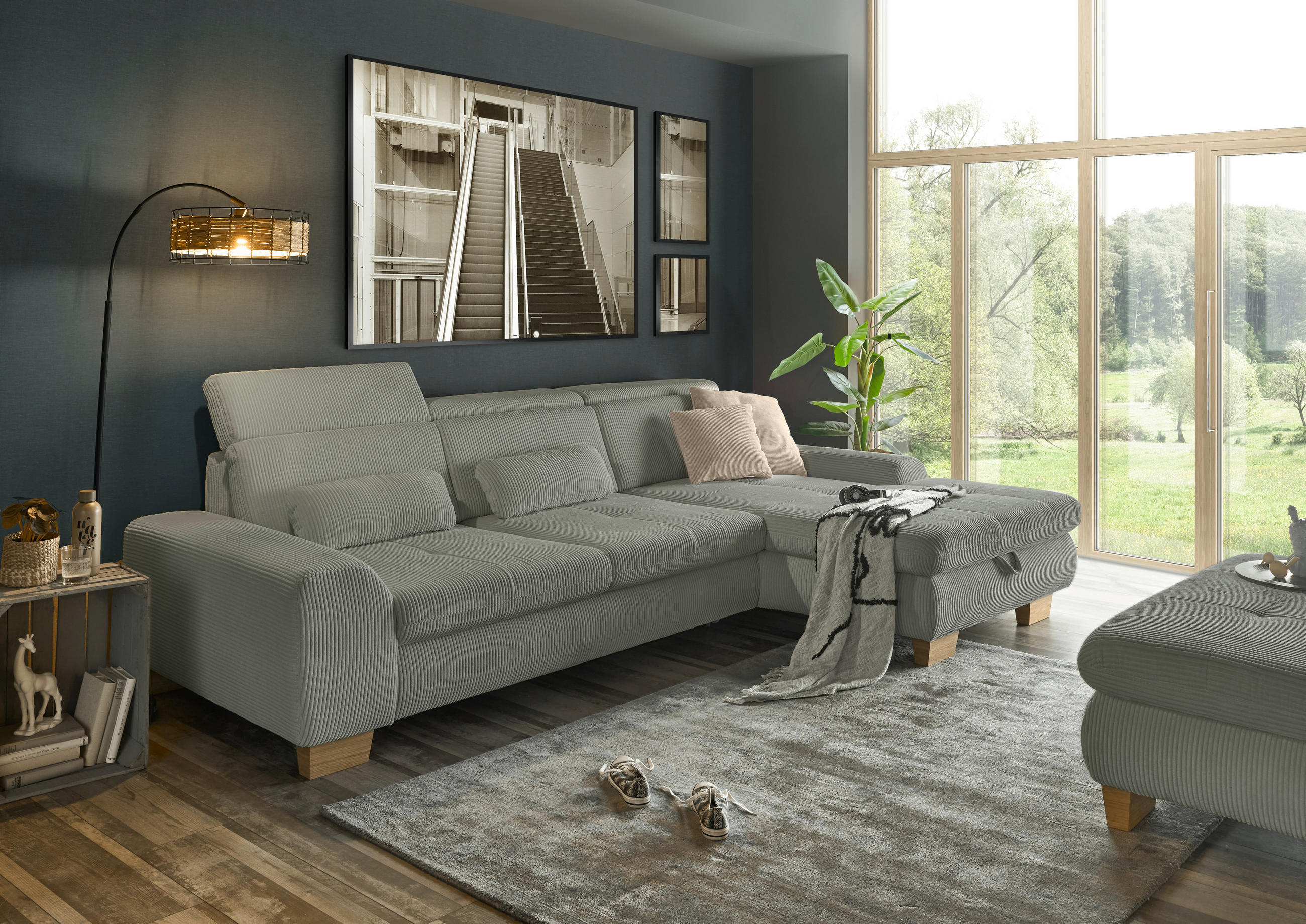 ECKSOFA Olivgrün Kord - Eiche Bianco/Olivgrün, KONVENTIONELL, Holz/Textil (315/195cm) - SetOne by Musterring