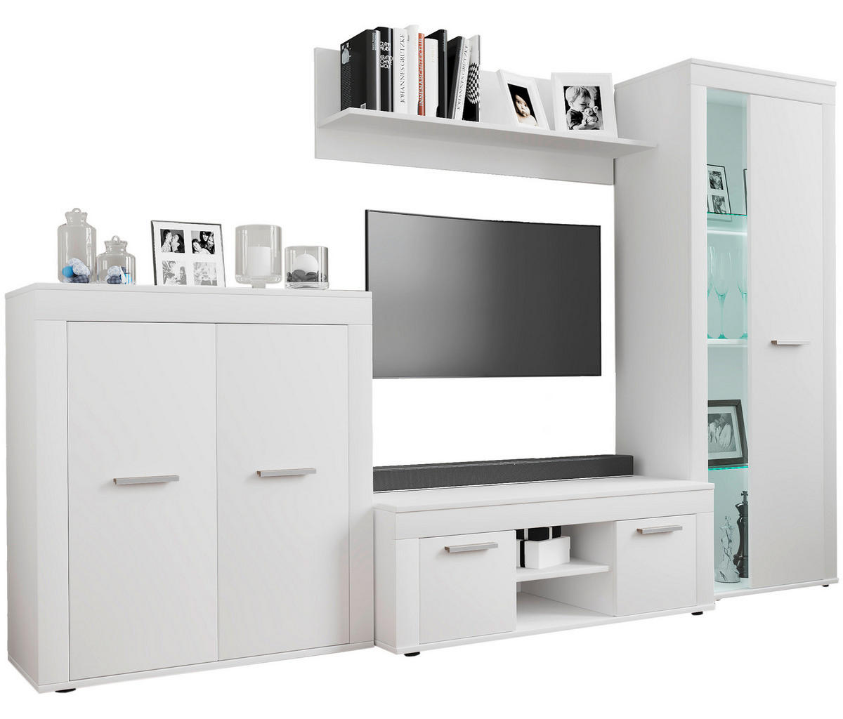 WOHNWAND 4-teilig  in Weiss 242/159/37 cm  - Weiss/Silberfarben, Design, Glas/Holzwerkstoff (242/159/37cm) - MID.YOU