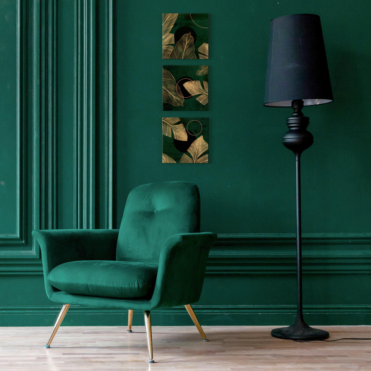 BILDERSET 3x32/32 cm  - Dunkelgrün/Goldfarben, Basics, Holz/Textil (3x32/32cm)