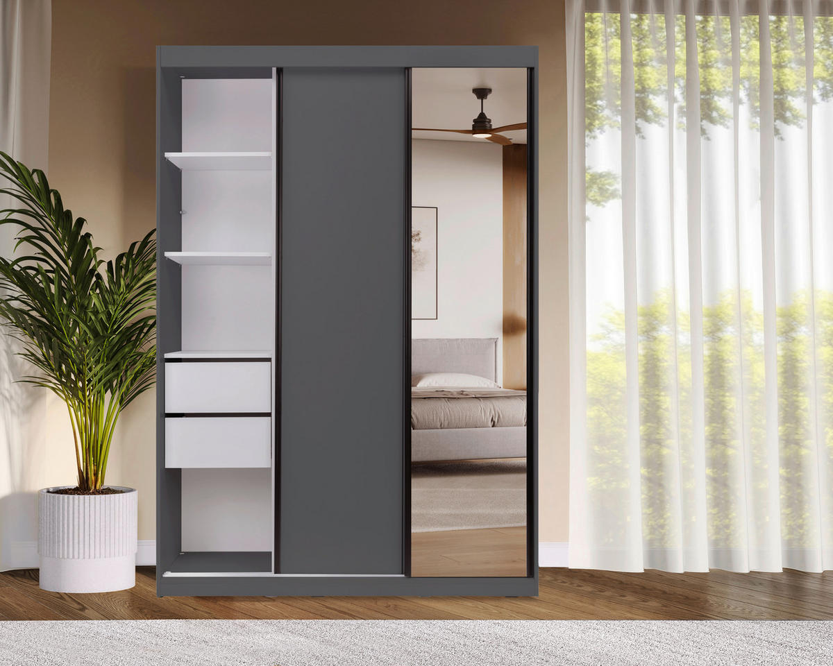 SCHIEBETÜRENSCHRANK 150/215/59,5 cm 3-türig  - Schwarz/Graphitfarben, MODERN, Holzwerkstoff/Metall (150/215/59,5cm) - MID.YOU