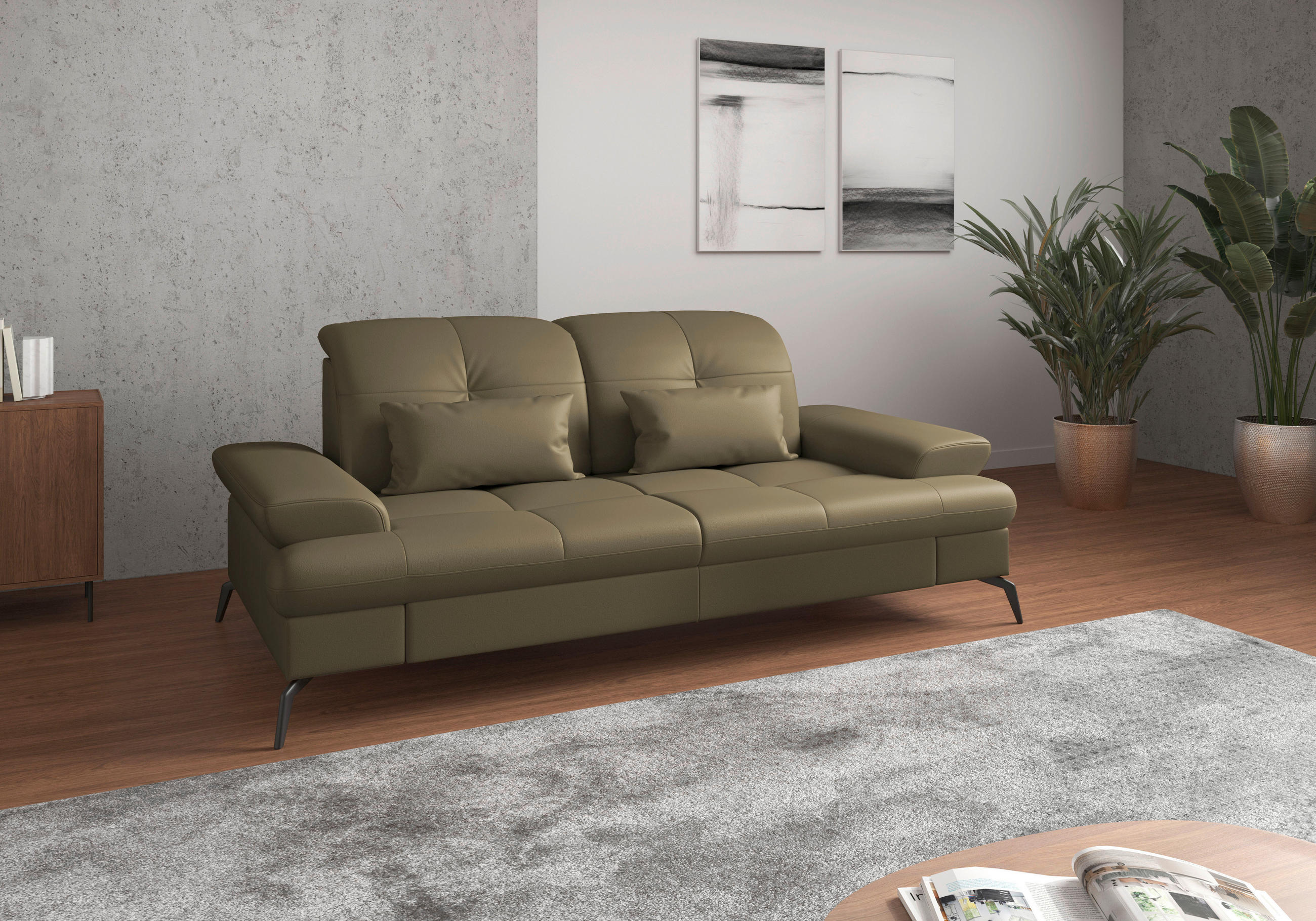 2,5-SITZER Kombination Echtleder/Stoff Vliesstoff Olivgrün  - Schwarz/Olivgrün, KONVENTIONELL, Leder/Textil (202/90/122cm) - Sit & More