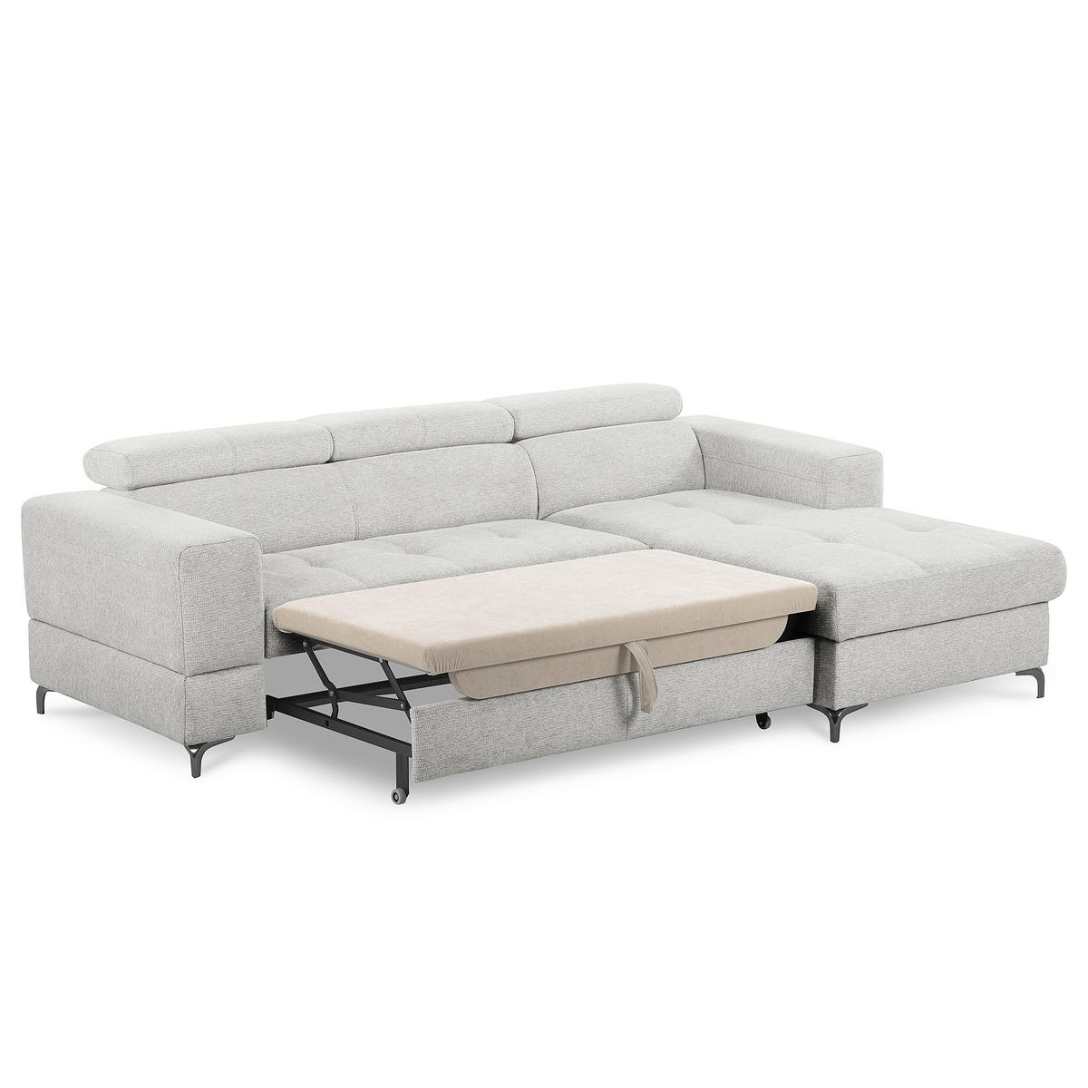 ECKSOFA TORINO Hellgrau Chenille Bettkasten, Kopfteilverstellung  - Schwarzchrom/Hellgrau, Design, Textil/Metall (247/173cm) - Livetastic