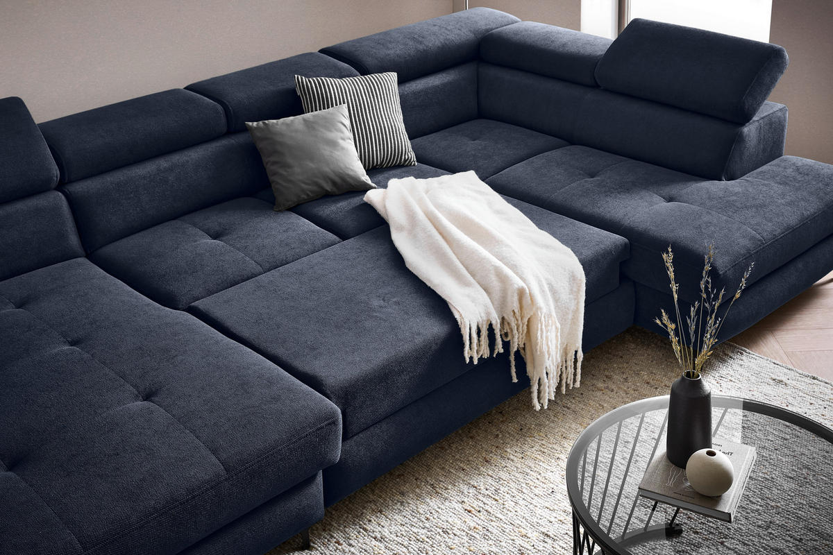 WOHNLANDSCHAFT inkl. Funktion Dunkelblau Flachgewebe  - Schwarz/Dunkelblau, MODERN, Textil/Metall (180/333/206cm) - Stylife