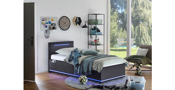 POLSTERBETT 90/200 cm,  in Schwarz, Beleuchtung, Lattenrost, Bettkasten,  - Birkefarben/Buchefarben, Design, Holz/Kunststoff (90/200cm) - Xora