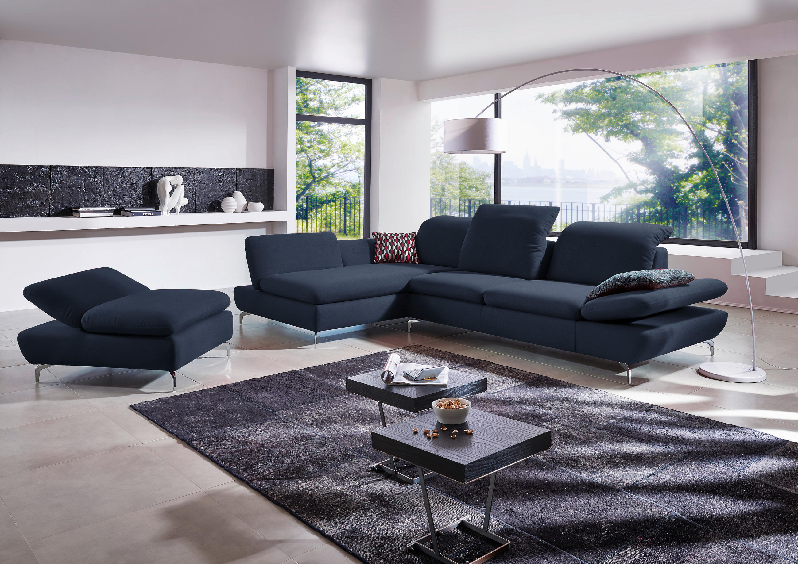ECKSOFA in Echtleder Blau  - Blau/Silberfarben, Design, Leder/Metall (200/315cm) - Chilliano