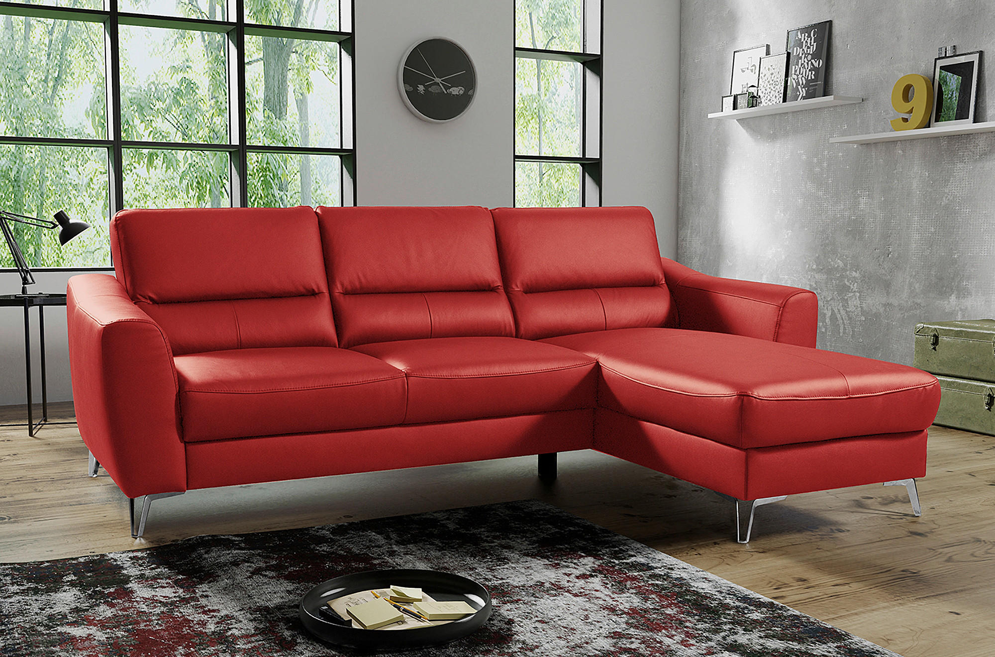 ECKSOFA Rot Echtleder Lederlook  - Chromfarben/Rot, Design, Leder/Textil (241/168cm) - Livetastic