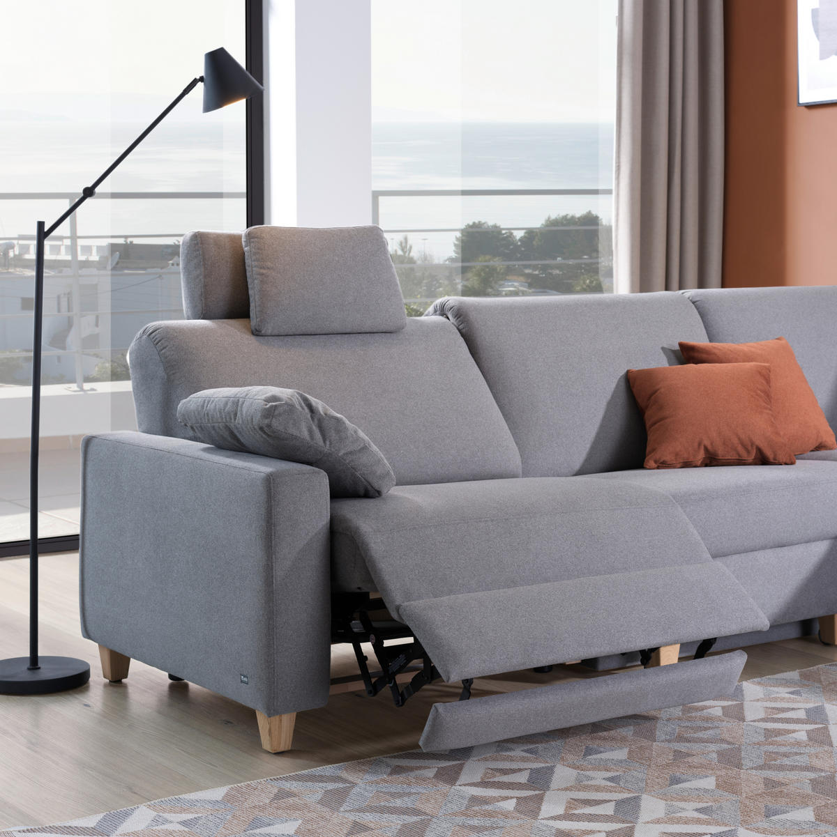 ECKSOFA in Flachgewebe Grau  203/261 cm  - Eichefarben/Grau, KONVENTIONELL, Holz/Textil (203/261cm) - Sedda