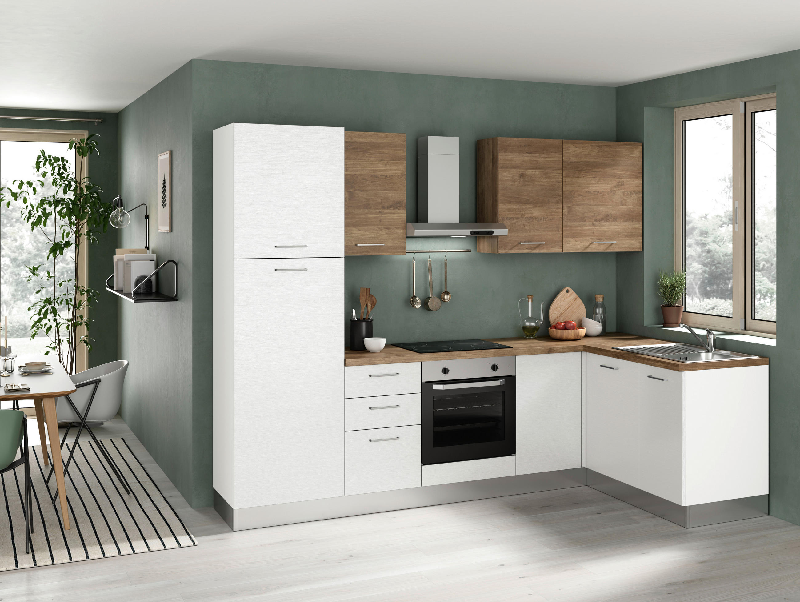 ECKKÜCHE 270/165 cm  in Weiß, Nussbaumfarben  - Edelstahlfarben/Nussbaumfarben, LIFESTYLE, Holzwerkstoff/Kunststoff (270/165cm) - MID.YOU