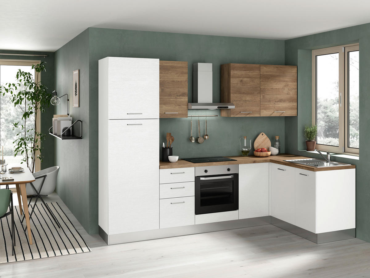 ECKKÜCHE 270/165 cm  in Weiß, Nussbaumfarben  - Edelstahlfarben/Nussbaumfarben, LIFESTYLE, Holzwerkstoff/Kunststoff (270/165cm) - MID.YOU