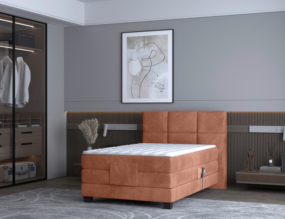 BOXSPRINGBETT 120/200 cm,  in Orange, Matratze, Topper, motorische Verstellbarkeit, Fernbedienung, H3 = fest  - Schwarz/Orange, KONVENTIONELL, Holz/Kunststoff (120/200cm) - Chameo