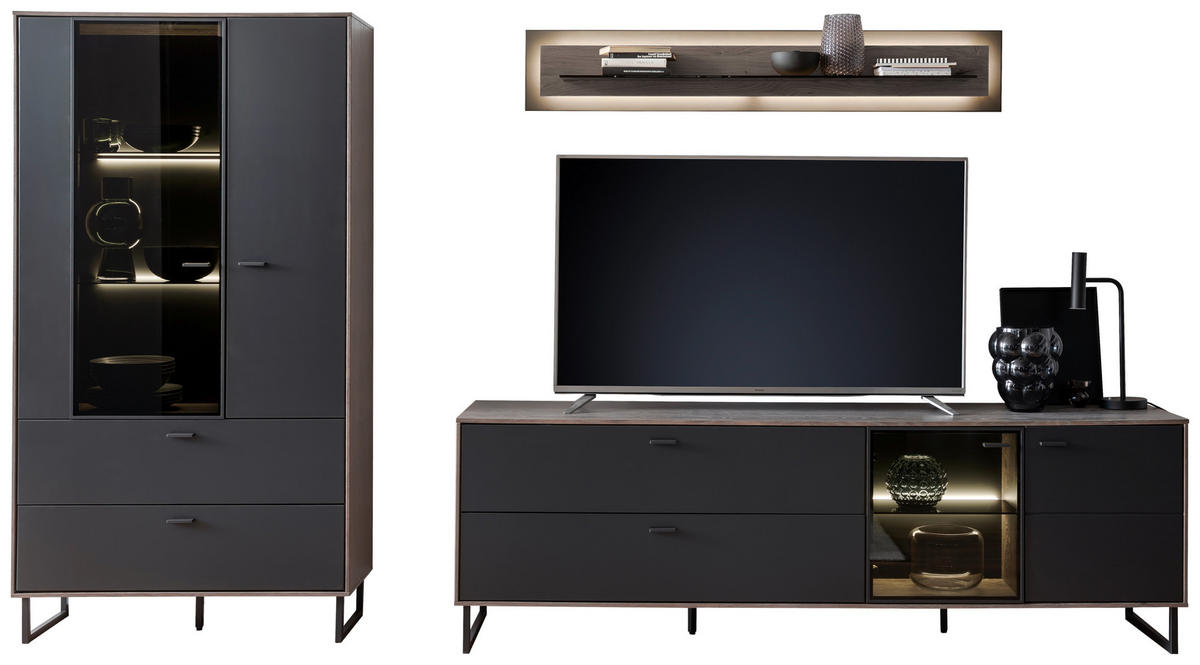 WOHNWAND  in Schwarz, Eichefarben  321/185/50 cm  - Eichefarben/Anthrazit, Design, Glas/Holz (321/185/50cm) - MID.YOU