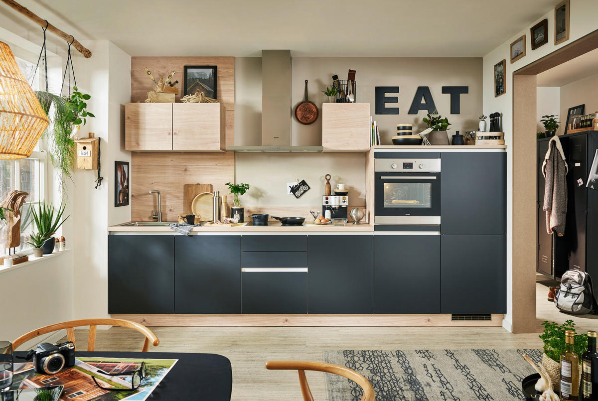 KÜCHENLEERBLOCK 360 cm   in Schwarz, Eichefarben  - Edelstahlfarben/Eichefarben, MODERN, Holzwerkstoff/Metall (360cm) - Welnova