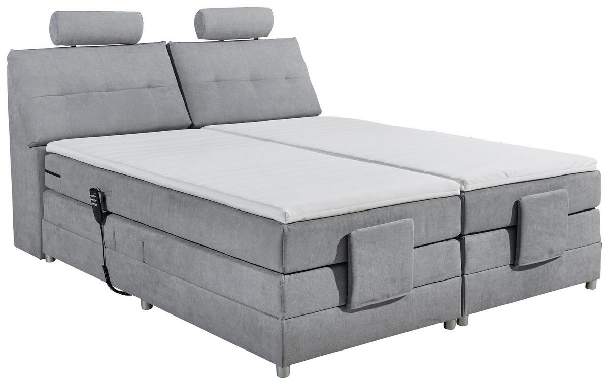 BOXSPRINGBETT 180/200 cm,  in Hellgrau, gepolstertes Kopfteil, Topper, motorische Verstellbarkeit, Matratzen, H2 + H2 = mittel  - Silberfarben/Hellgrau, MODERN, Holzwerkstoff/Kunststoff (180/200cm) - MID.YOU
