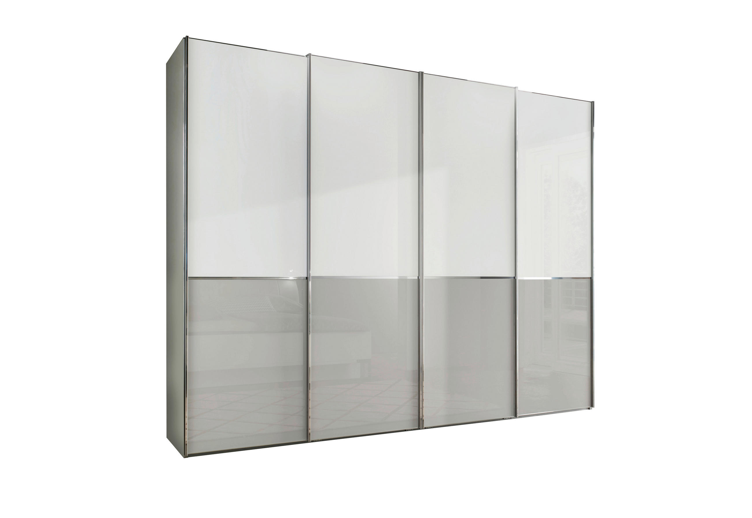 SCHWEBETÜRENSCHRANK 300/236/67 cm 4-türig Grau, Weiß  - Chromfarben/Weiß, KONVENTIONELL, Glas/Holzwerkstoff (300/236/67cm) - Novel