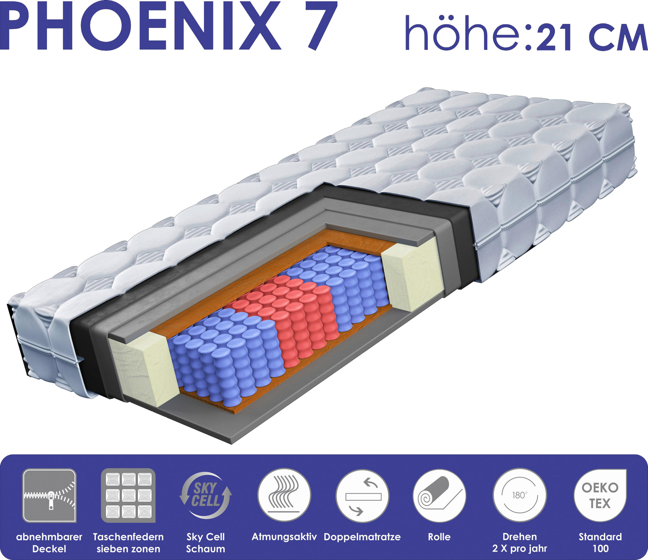 Thumbnail - Boxxx Taschenfederkernmatratze, Weiß, Textil, H3, 90x200 cm, Oeko-Tex® Standard 100, Bezug abnehmbar/waschbar, atmungsak...
