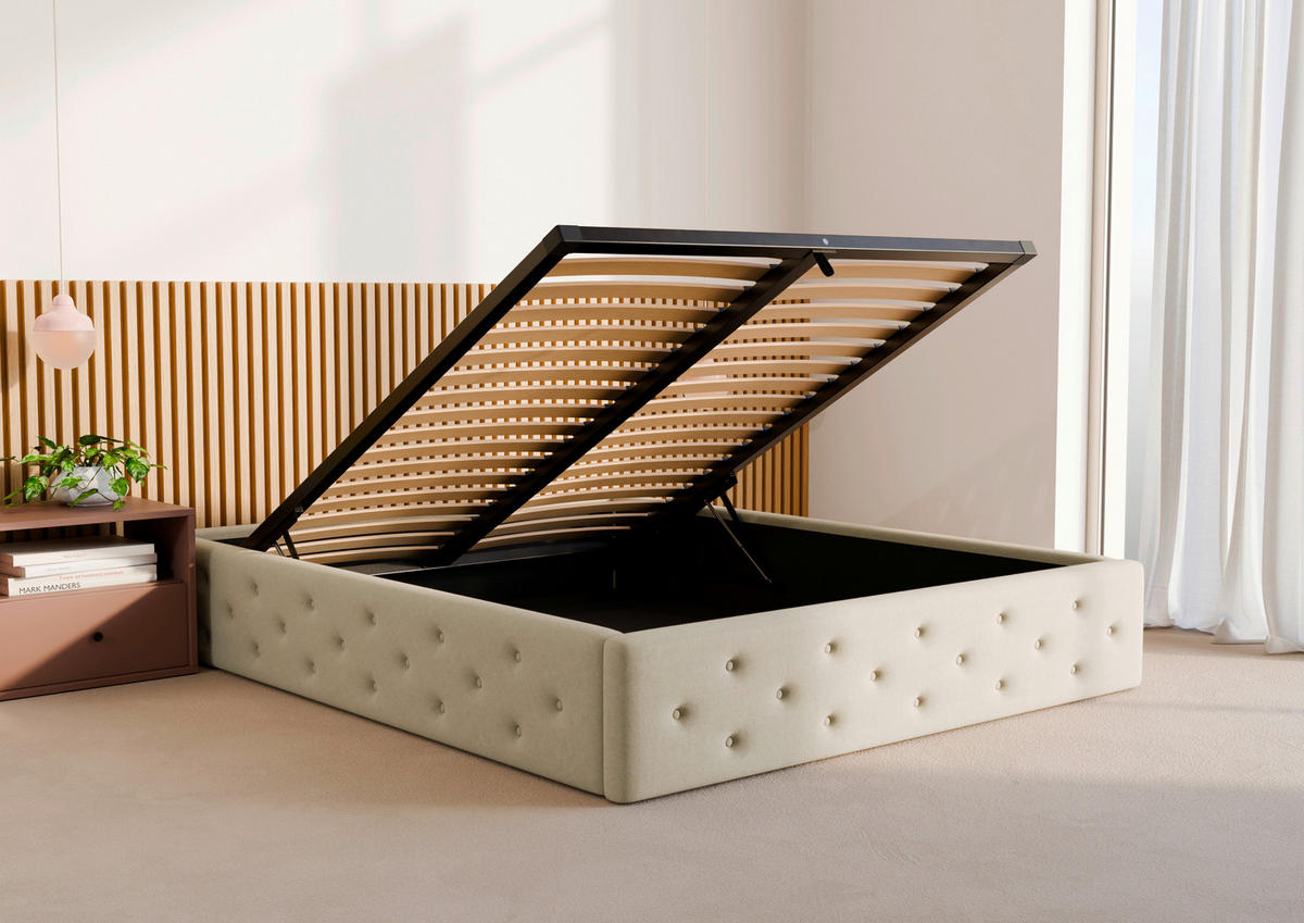 POLSTERBETT 140/200 cm,  in Beige, Lattenrost, Bettkasten,  - Beige/Schwarz, Design, Holz/Textil (140/200cm) - Chameo
