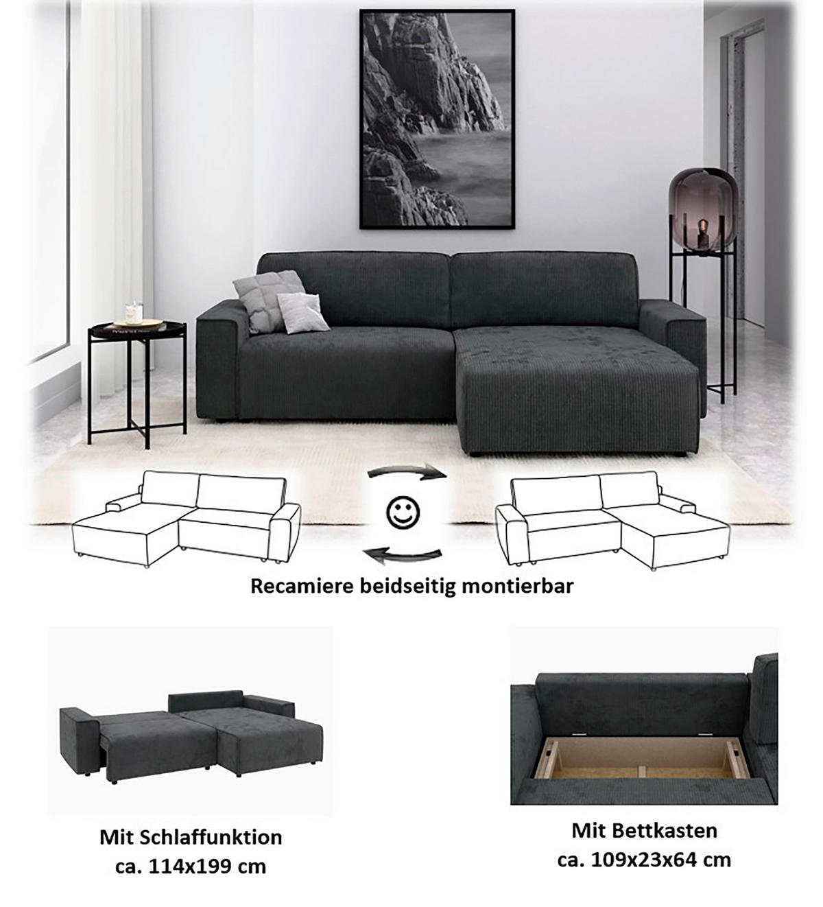 ECKSOFA CHANCE Dunkelgrau Cord  - Dunkelgrau/Schwarz, MODERN, Kunststoff/Textil (265/164cm) - Trendmanufaktur