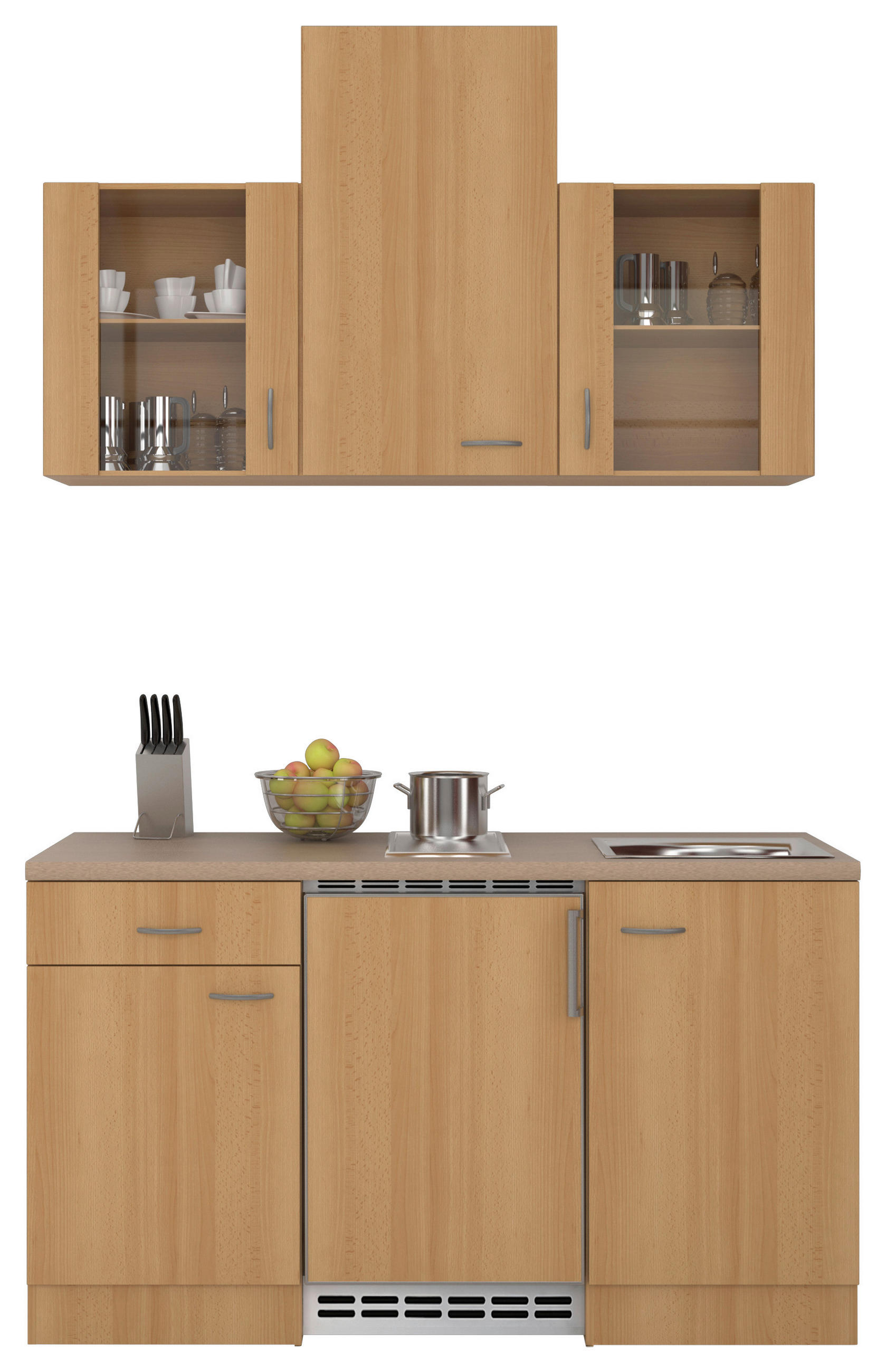 MINIKÜCHE 150 cm   in Buchefarben  - Edelstahlfarben/Beige, MODERN, Glas/Holzwerkstoff (150cm) - FlexWell