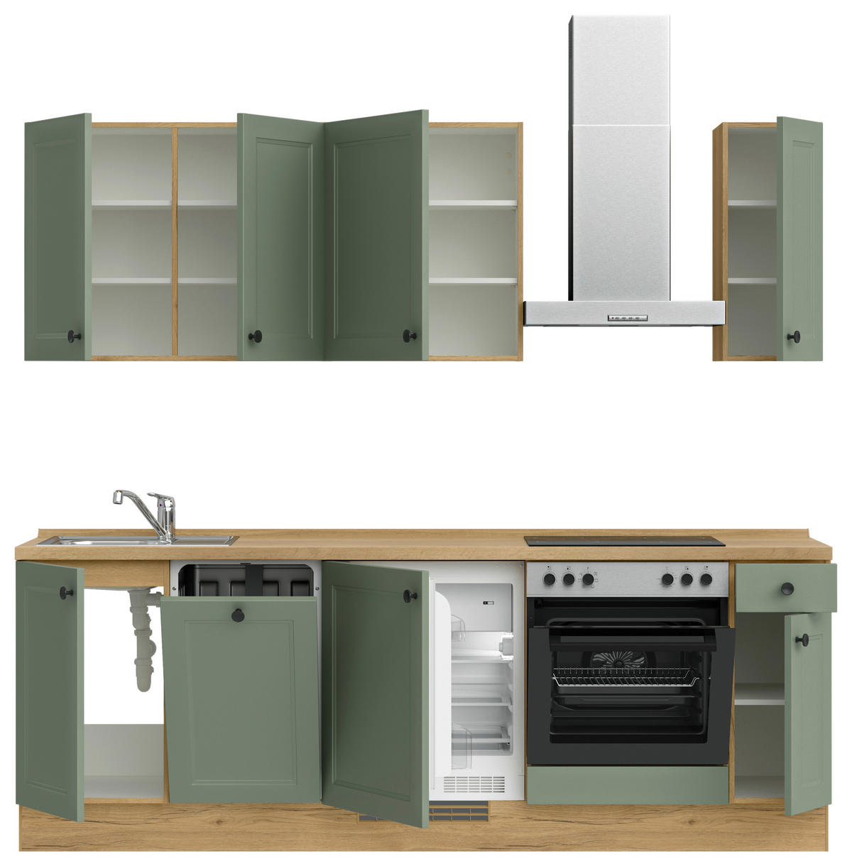 BUCĂTĂRIE FĂRĂ ELECTROCASNICE  - verde/culoare lemn stejar, Modern, metal/material pe bază de lemn (240cm) - Nobilia