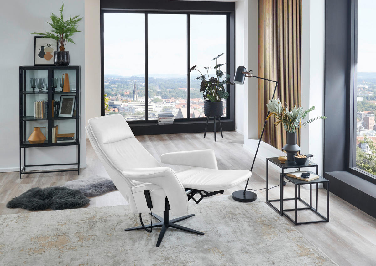 RELAXSESSEL in Leder Weiss  - Weiss/Schwarz, Design, Leder/Metall (83/123/87cm) - Valdera