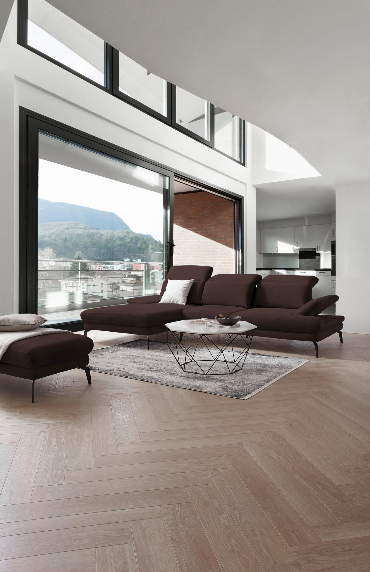 ECKSOFA in Flachgewebe Dunkelbraun  - Dunkelbraun/Schwarz, Design, Textil/Metall (180/289cm) - Stylife