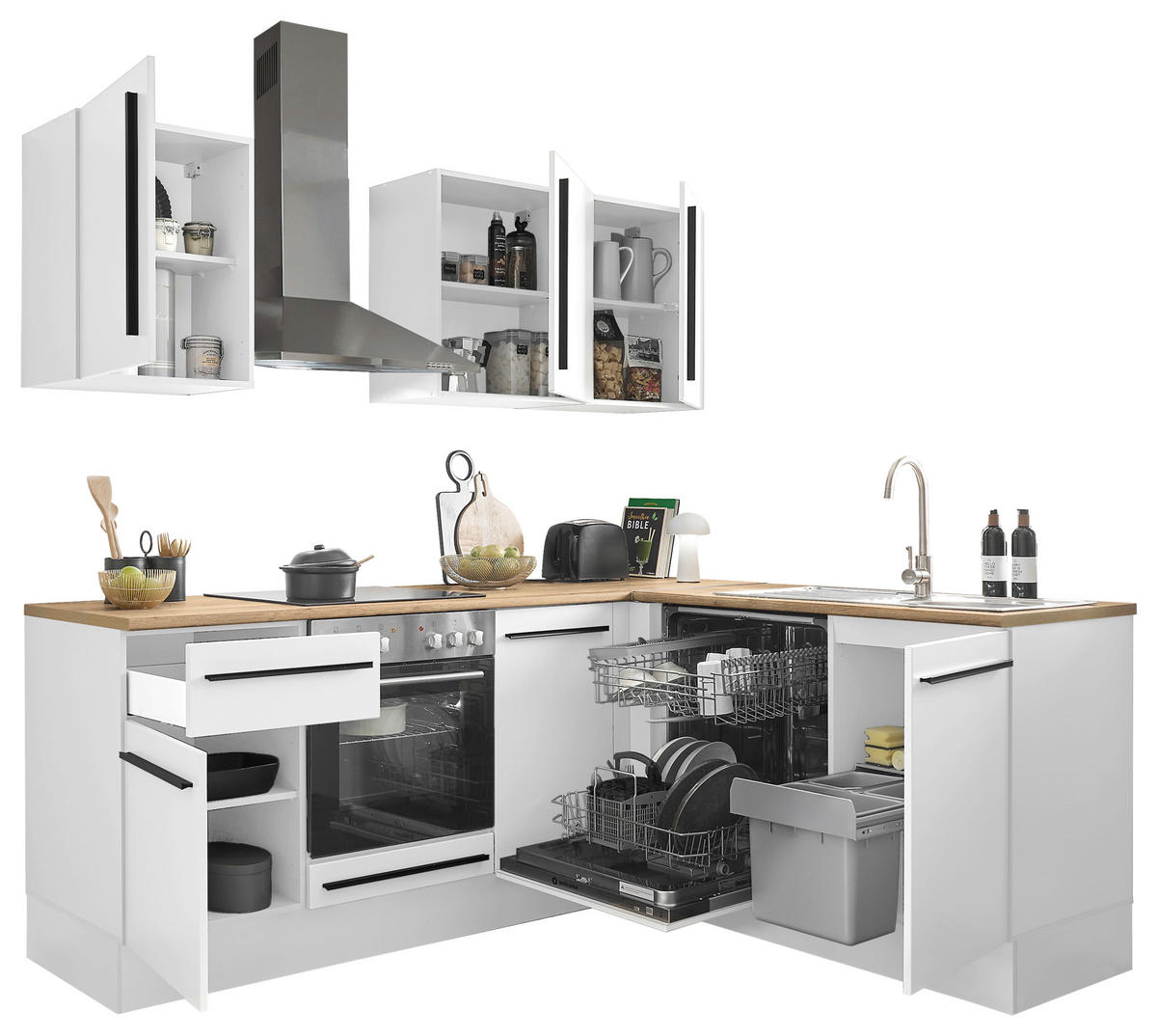 ECKKÜCHE 220/175 cm  in Weiß  - Eichefarben/Schwarz, Design, Holzwerkstoff/Kunststoff (220/175cm) - MID.YOU