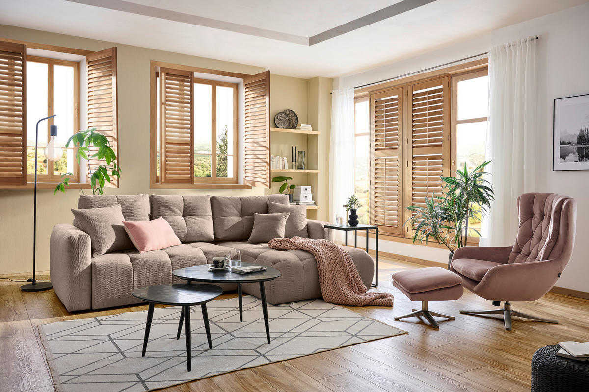 ECKSOFA in Chenille Hellbraun  - Hellbraun/Schwarz, Modern, Kunststoff/Textil (276/172cm) - Hom`in