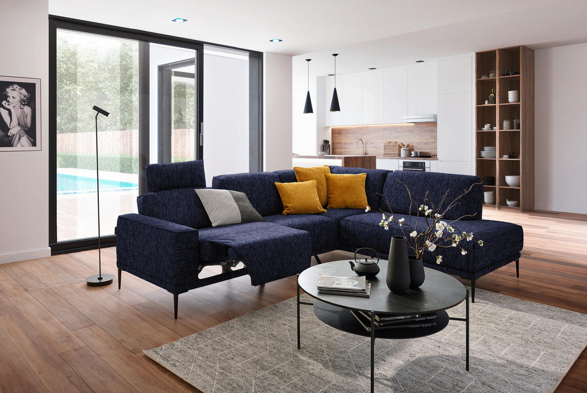 ECKSOFA in Flachgewebe Dunkelblau  - Schwarz/Dunkelblau, Design, Textil/Metall (260/210cm) - Johann Jakob