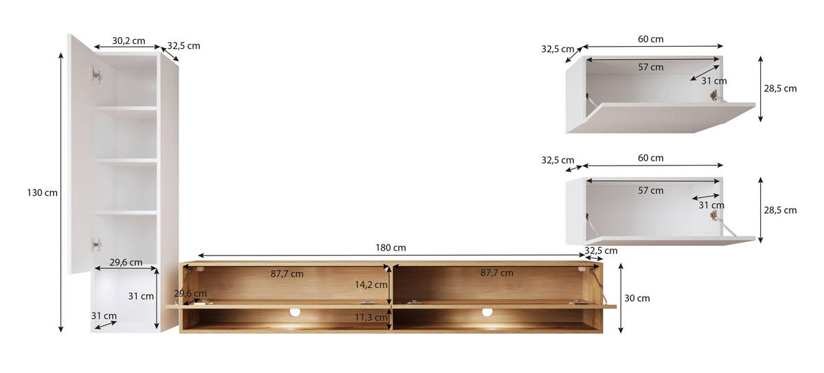 WOHNWAND 4-teilig  in Eiche Wotan  270/130/32,5 cm  - Weiß Hochglanz/Eiche Wotan, LIFESTYLE, Holzwerkstoff (270/130/32,5cm) - P & B