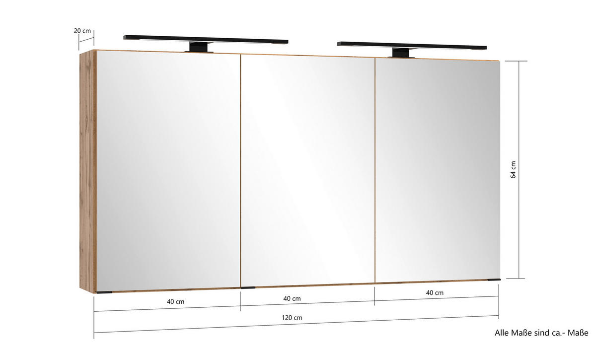 SPIEGELSCHRANK 120/64/20 cm  - Eiche Wotan/Schwarz, MODERN, Glas/Holzwerkstoff (120/64/20cm) - Held