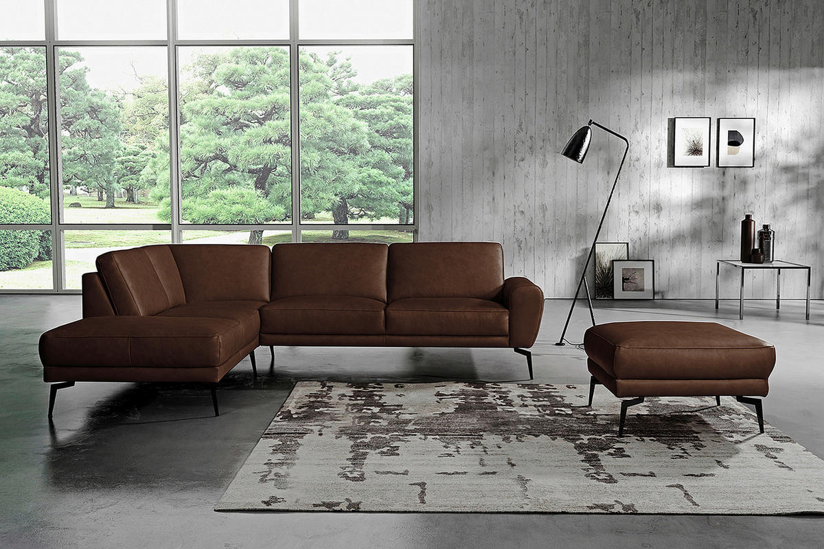 ECKSOFA SPRING Dunkelbraun Echtleder  - Dunkelbraun/Schwarz, Design, Leder/Metall (250/273cm) - Livetastic