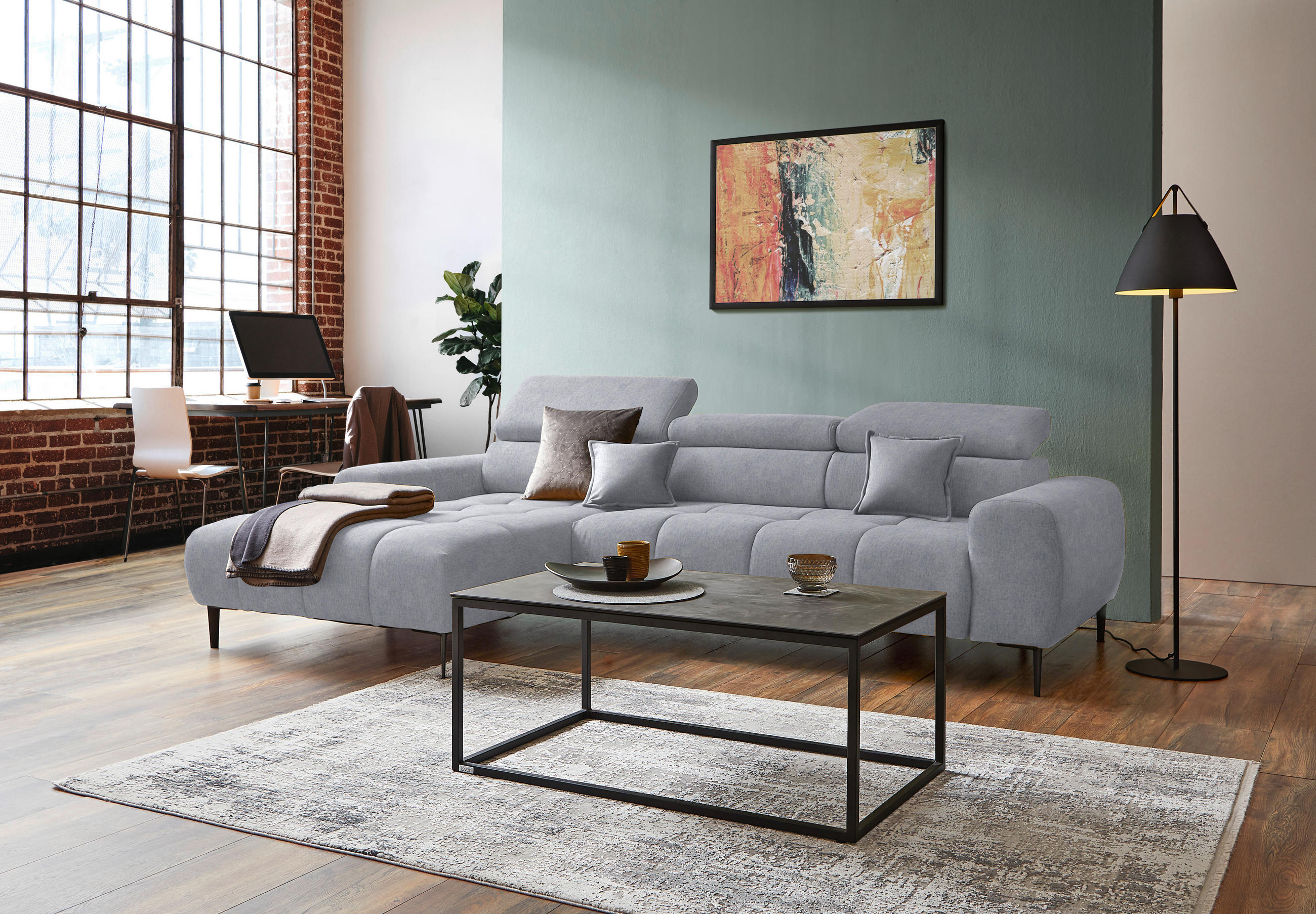 ECKSOFA Hellgrau Samt, Webstoff  - Hellgrau/Schwarz, Design, Textil/Metall (177/270cm) - Welnova