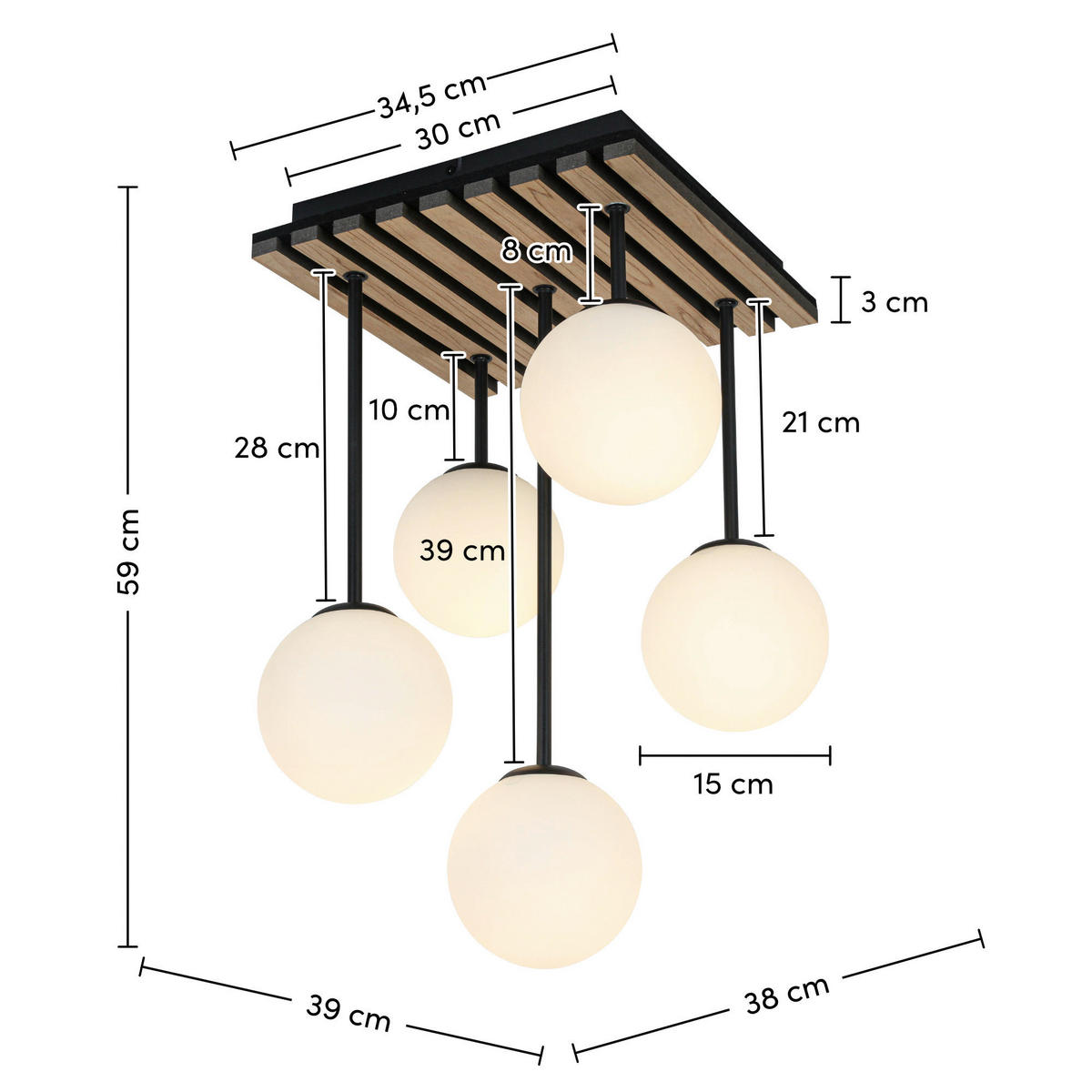 HÄNGELEUCHTE 38/39/59 cm   - Eichefarben/Schwarz, Trend, Glas/Holzwerkstoff (38/39/59cm) - Collet's Monde